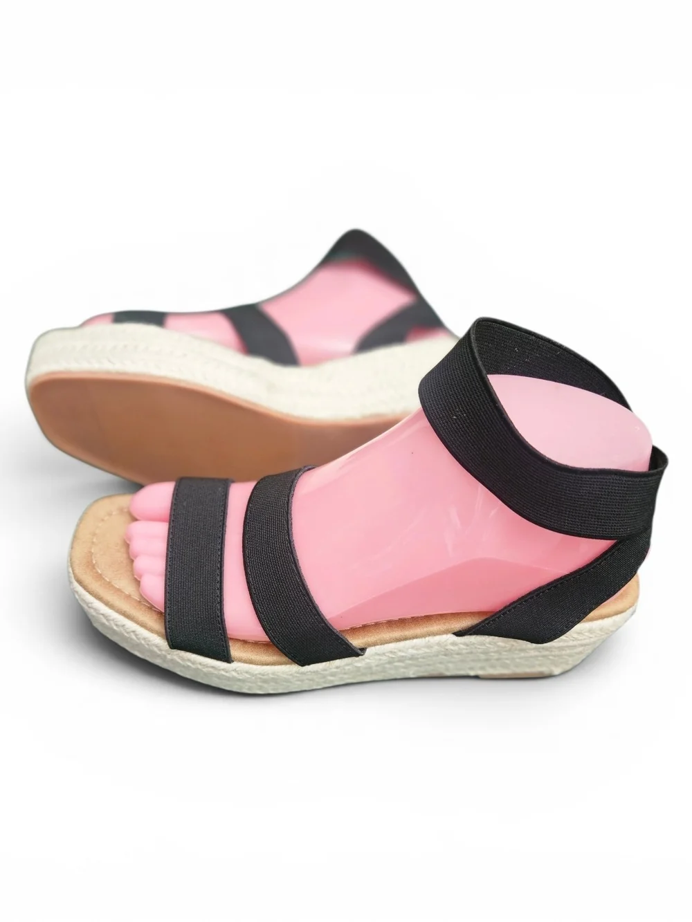 Black Elastic Strap Espadrille Wedge Sandals